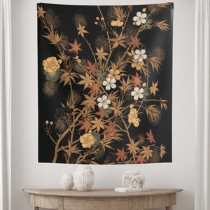 Black Tapestry, Black Floral, Vintage Tapestry, Japanese Tapestry, Japanese Flowers, Black Wall Hanging, Gold Tapestry, Nature Tapestry