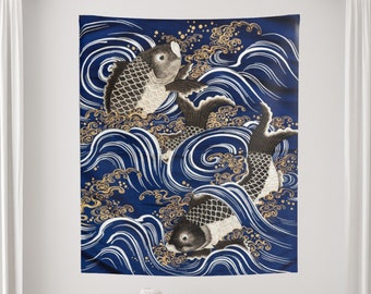 Tapiz japonés, arte de peces koi, tapiz oceánico, tapiz de olas, arte japonés vintage, tapiz azul, arte mural oceánico, decoración de peces koi