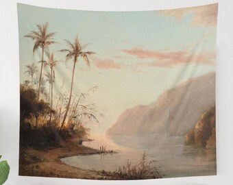 Beach Tapestry, Palm Tree Art, Vintage Tapestry, Fine Art Tapestry, Sunset Tapestry, Painting Tapestry, Ocean Sunset, Ocean Painting