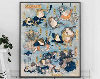 Japanese Frog Art Print, Kabuki Actors as Frogs, Antique Japanese