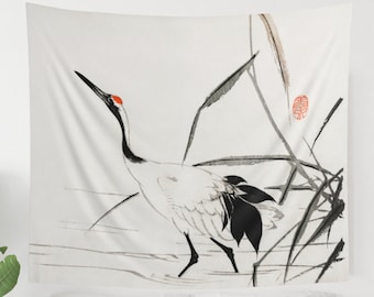 Japanese Crane Tapestry | Crane Bird Painting, Asian Art Zen Wall Hanging Decor