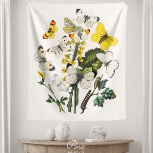 Yellow Tapestry, Butterfly Tapestry, Moth Tapestry, Vintage Tapestry, Botanical Tapestry, Moth Decor, Yellow Wall Art, Vintage Nature