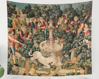 Tapisserie médiévale, tapisserie de licorne, chasse à la licorne, tapisserie de la Renaissance, art médiéval, tapisserie vintage, décor de licorne, art vintage