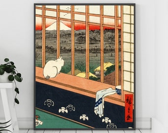 猫の版画、日本の壁画、浅草の田んぼ、猫のポスター、広重の版画、日本