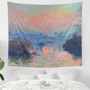 Monet Tapestry, Claude Monet Art, Sunset Tapestry, Art Tapestry, Dorm Tapestry, Ocean Sunset, Ocean Tapestry, Painting Tapestry, Nature Art