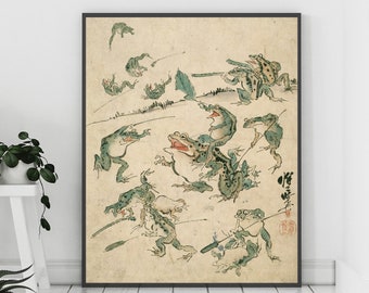 Frog Print, Frog Poster, Vintage Frog, Japanese Print, Vintage Japanese, Frog Decor, Frog Gift, Japanese Woodblock, Kawanabe Kyosai