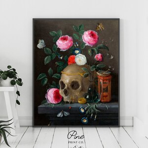 Skull Wall Art, Skull Print, Vintage Poster, Vintage Floral, Gothic Art, Gothic Print, Gothic Gift, Skull Rose, Skull Painting, Rose Art