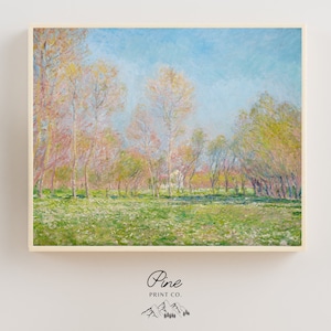 May include: A painting depicting a landscape with trees in the foreground and a blue sky in the background. The trees are a mixture of green and yellow, and the sky is a light blue. The painting is in a style reminiscent of Impressionism.