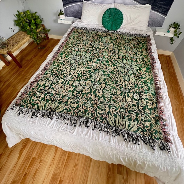 Green Woven Blanket, Floral Blanket, William Morris, Green Floral, Botanical Blanket, Vintage Blanket, Green Throw, Art Nouveau