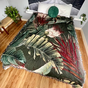 Tropical Blanket, Woven Blanket, Botanical Blanket, Plant Blanket, Black Blanket, Tropical Decor, Nature Blanket, Jungle Blanket
