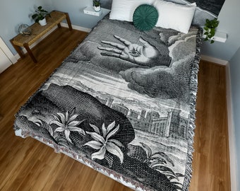 Art Woven Blanket, Hand Of Fate, Vintage Blanket, Hand Blanket, Black White Blanket, Boho Woven Blanket, Art Throw Blanket, Witch Blanket