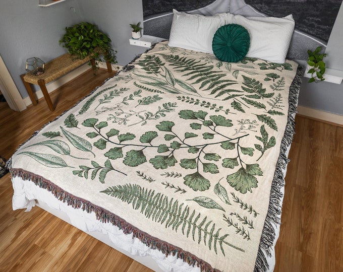 Plant Woven Blanket, Botanical Blanket, Cottagecore Gift, Nature