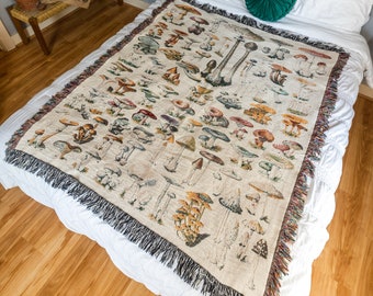 Mushroom Blanket, Woven Blanket, Cottagecore Gift, Mushroom Gift, Mushroom Decor, Forest Decor, Nature Woven Blanket