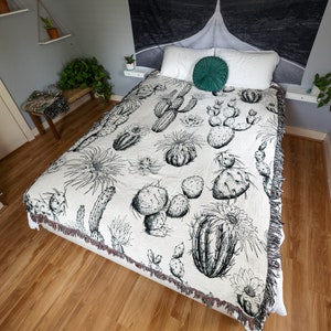 Kaktus-Decke, gewebte Decke, Wüstendecke, Wüstendekor, schwarz-weißer Kaktus, Kakteen-Decke, weiße Decke, Naturdecke, Boho-Wüste
