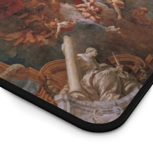 May include: A painting depicting a scene from a ceiling with a central figure seated on a throne, surrounded by angels and cherubs. The painting is done in a classical style with muted colors and intricate details.
