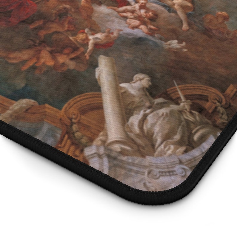 May include: A painting depicting a scene from a ceiling with a central figure seated on a throne, surrounded by angels and cherubs. The painting is done in a classical style with muted colors and intricate details.
