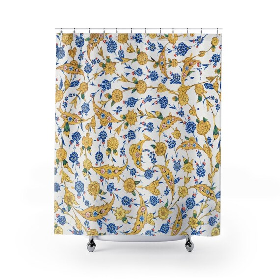 Yellow Shower Curtain, Turkish Pattern, Islamic Pattern, Arabic Decor, Blue Shower Curtain, Gold Shower Curatin, Boho Shower Curtain