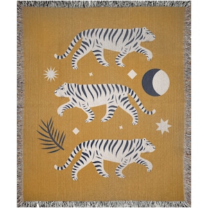 Tiger-Decke, gewebte Decken, Boho-Decke, Dschungel-Decke, Tiger-Dekor, Senf-Decke, Mond-Decke, Dschungel-Dekor, gelber Überwurf