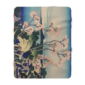 Japanese Sherpa Blanket, Cherry Blossom Blanket, Japan Blanket, Blue Pink Blanket, Japanese Art Blanket, Vintage Blanket, Japan Home Decor 60" × 80"