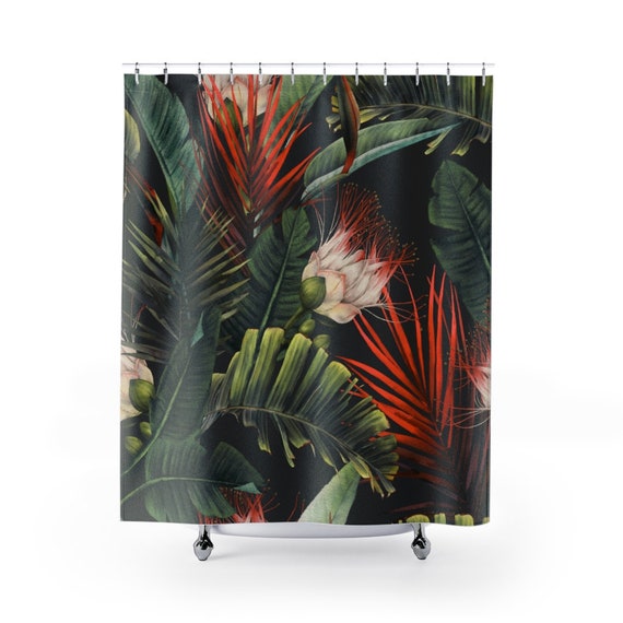 Tropical Shower Curtain, Plant Shower Curtain, Tropical Bathroom, Jungle Bathroom, Hawaiian Bathroom, Botanical Bathroom, Tropical Decor
