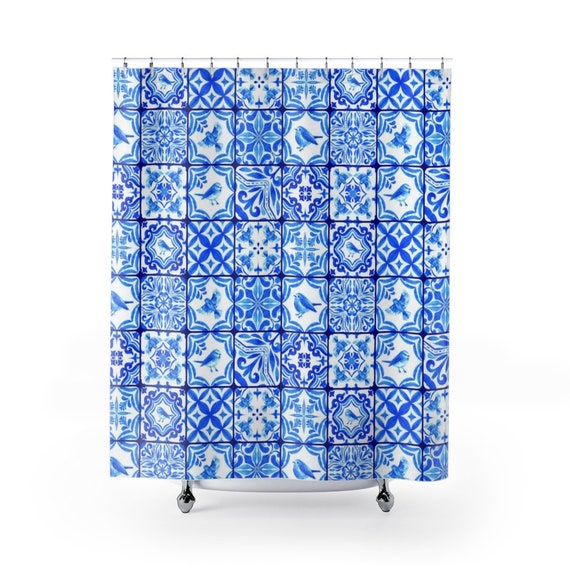 Blue Shower Curtain, White Shower Curtain, Bird Shower Curtain, Blue Tile Decor, Blue Bathroom, Bird Bathroom, Blue White Decor