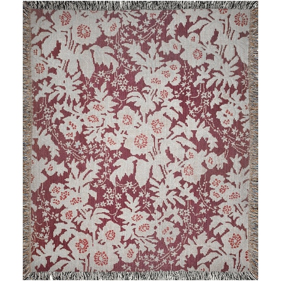 Floral Blanket, Woven Blanket, Red Blanket, Floral Throw, Vintage Blanket, Botanical Blanket, Floral Tapestry, White Flowers, Woven Tapestry