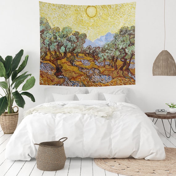 Van Gogh Tapestry, Olive Trees, Van Gogh Painting, Tree Tapestry, Sun Tapestry, Landscape Painting, Vintage Tapestry, Fine Art Gift