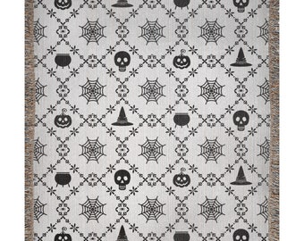 Halloween Blanket, Woven Blanket, Witch Blanket, Halloween Decor, Skull Blanket, Halloween Tapestry, Halloween Throw, Witch Gift
