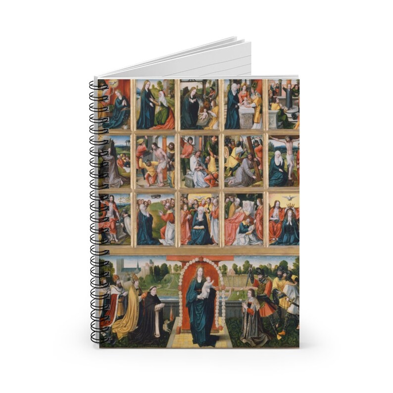 May include: A vintage-style notebook cover featuring a colorful painting of a religious scene. The painting depicts multiple figures in a variety of poses and clothing, with a central figure of a woman holding a child. The painting is framed in a gold-colored border.