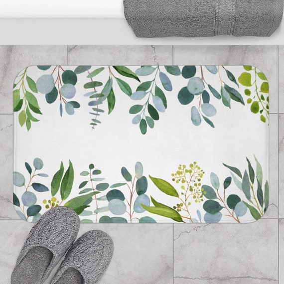 Plant Bath Mat, Botanical Bath Mat, Eucalyptus Bath, Plant Watercolor Decor, Green Bath Mat, Green Bathroom Decor, Botanical Bathroom