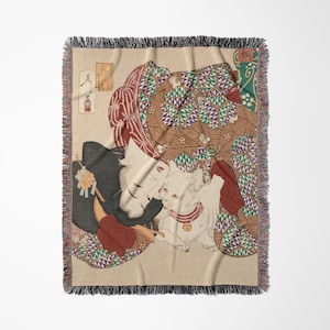 Japanese Blanket, Asian Blanket, Woven Blanket, Cat Blanket, Japanese Decor, Cat Lover Gift, Geisha Art, Japanese Art, Cotton Blanket