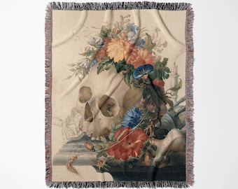 Geweven schedeldeken, Boho geweven deken, bloemendeken, Halloweendeken, gotische deken, schedeldeken, vintage deken, schedeltapijt