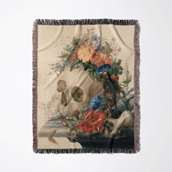 Skull Woven Blanket, Boho Woven Blanket, Floral Blanket, Halloween Blanket, Gothic Blanket, Skull Decor, Vintage Blanket, Skull Tapestry