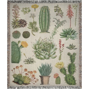 Pflanzendecke, Kaktusdekor, gewebte Decke, Boho-Decke, botanische Decke, Wüstendekor, Vintage botanische, Pflanzenillustration