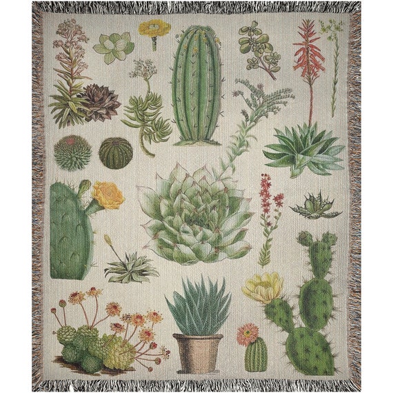 Plant Blanket, Cactus Decor, Woven Blanket, Boho Blanket, Botanical Blanket, Desert Decor, Vintage Botanical, Plant Illustration