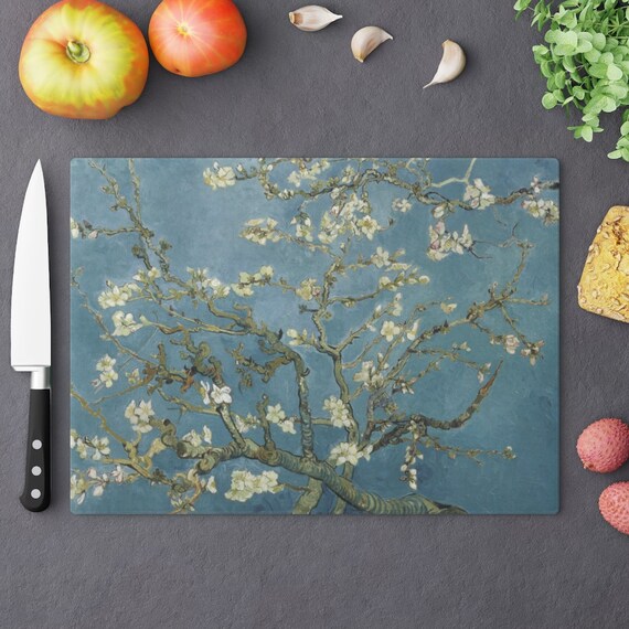 Van Gogh Cutting Board, Floral Kitchen, Van Gough Art, Almond Blossoms, White Flowers, Art Cutting Board, Nature Kitchen, Blue Cutting Board