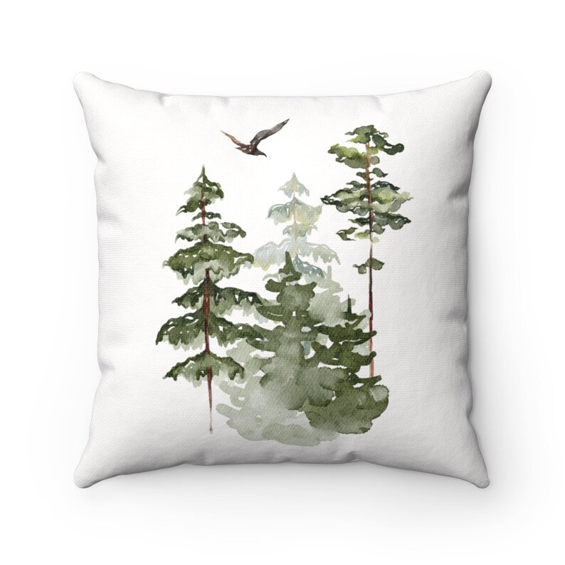 Forest Pillow Nature Watercolor: Green Tree Design, Faux Suede or Spun Fabric | Multiple Sizes, Recycled Polyester Fill image 1