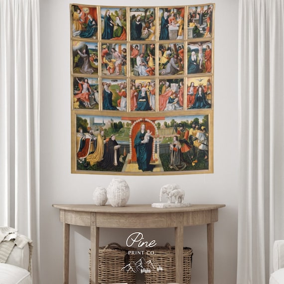 Christian Tapestry, Religious Wall Art, The Fifteen Mysteries and the Virgin of the Rosary, Catholic Art, Medieval Tapestry, Renaissance Art
