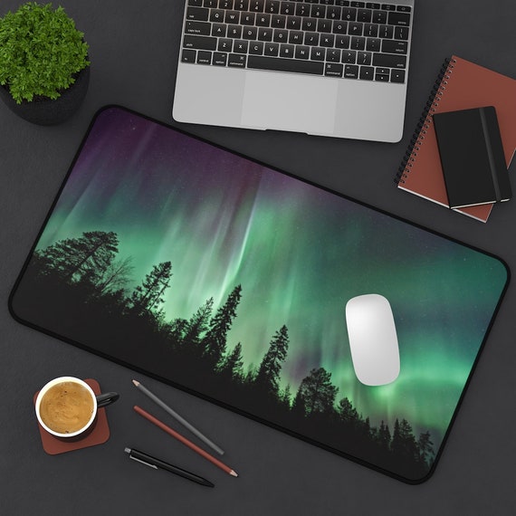 Nature Desk Mat, Northern Lights, Forest Desk Mat, Aurora Borealis, Green Desk Mat iPad Sleeve, Nature Mouse Pad, Tree Mousepad