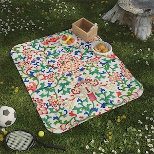 Boho Picnic Blanket, Chinese Pattern, White Picnic Blanket, Floral Picnic Blanket, Chinese Floral, Art Picnic Blanket, Asian Blanket