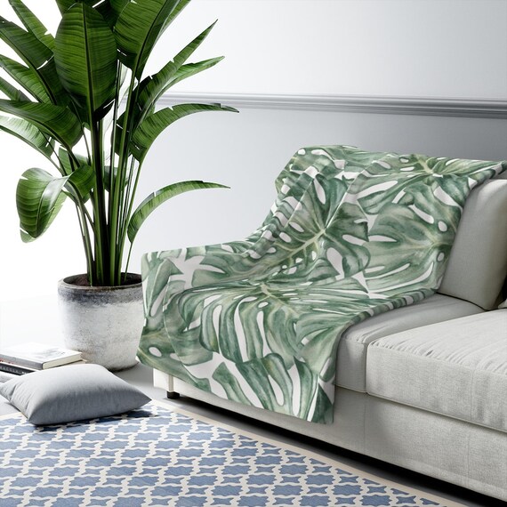 Plant Sherpa Blanket, Monstera Gift, Tropical Blanket, Fluffy Blanket, Plant Home Decor, Green Throw Blanket, Botanical Blanket, Plant Gift