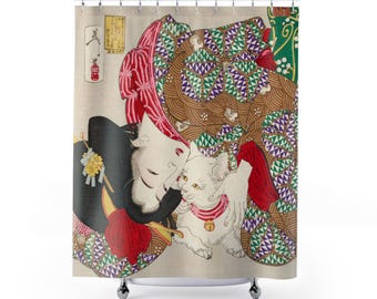 Japanese Decor, Shower Curtain, Asian Home Decor, Japanese Curtain, Asian Curtain, Cat Shower Curtain, Cat Decor, Vintage Japan, Vintage Cat
