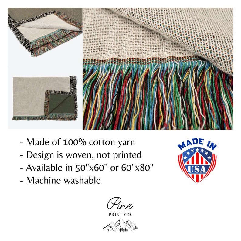 May include: A woven cotton throw blanket with a colorful fringe. The blanket is available in two sizes: 50"x60" or 60"x80". It is machine washable and made in the USA. The text "Made in USA" is in a red, white, and blue shield.