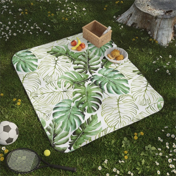 Monstera Blanket, Green Picnic Blanket, Tropical Blanket, Plant Blanket, Boho Picnic Blanket, Water Resistant, Picnic Blanket Carry Strap