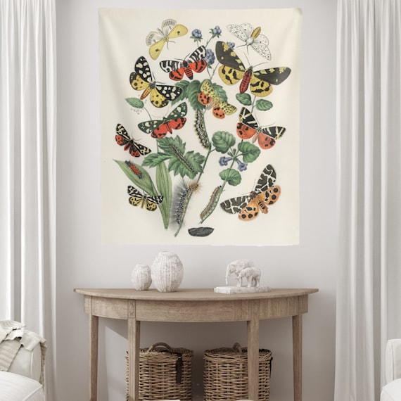 Butterfly Tapestry, Botanical Tapestry, Moth Tapestry, Vintage Tapestry, Butterfly Wall Art, Vintage Botanical, Nature Tapestry, Moth Decor