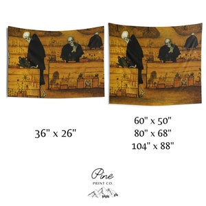 May include: A tapestry featuring a painting of three skeletons tending to a garden. The skeletons are wearing black robes and are holding gardening tools. The garden is filled with flowers and plants. The tapestry is available in three sizes: 36 inches by 26 inches, 60 inches by 50 inches, 80 inches by 68 inches, and 104 inches by 88 inches.