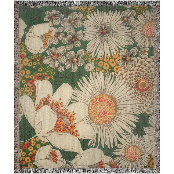 Floral Blanket, Woven Blanket, 70s Blanket, White Flowers, Boho Blanket, Plant Blanket, Botanical Blanket, Flower Throw, Floral Bedding
