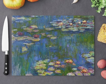 Monet Cutting Board,, Claude Monet, Water Lilies, Monet Painting, Art Cutting Board, Glass Cutting Board, Boho Kitchen Decor, Water Lily Art