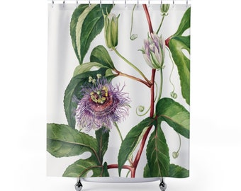 Floral Shower Curtain, Passion Flower, White Shower Curtain, Botanical Bathroom, Plant Shower Curtain, Vintage Botanical, Vintage Plant