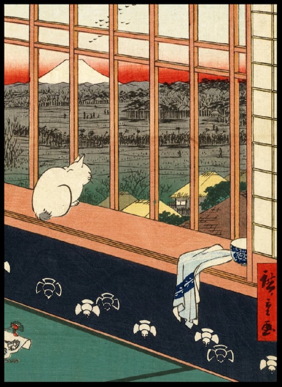 Cat Print, Japanese Wall Art, Asakusa Rice Field, Cat Poster, Hiroshige Print, Japanese Art, Vintage Japan, Japanese Woodblock, Japanese Art